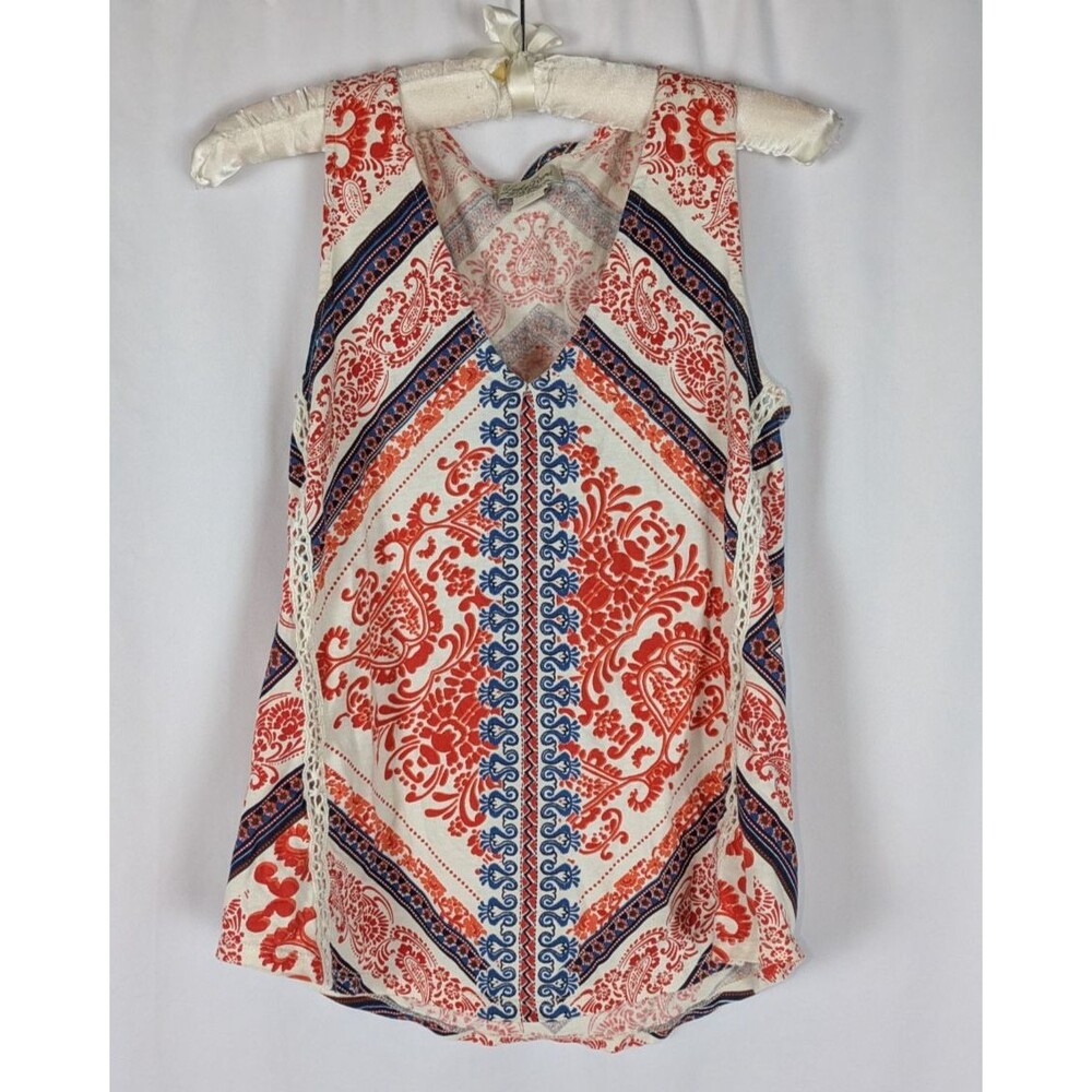 Lucky Brand Medallion Tile Print V-Neck Tank Top XS Red Blue Crochet Insert Lace